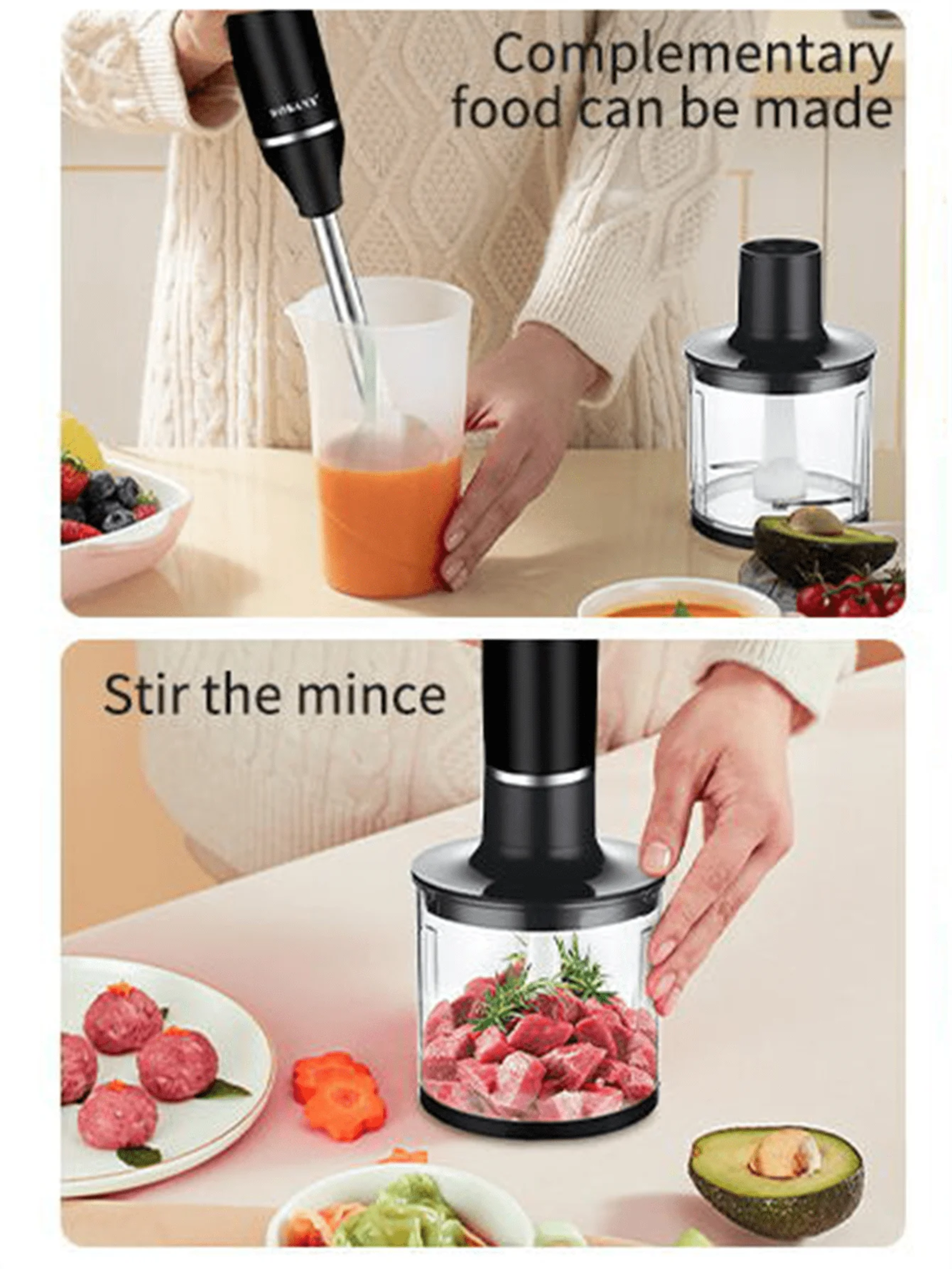 SOKANY 1714 Immersion Hand Blender, 2-Speed, 5-in-1, Hand Mixer, Whisk, Meat Chopper, Measuring Cup alternate