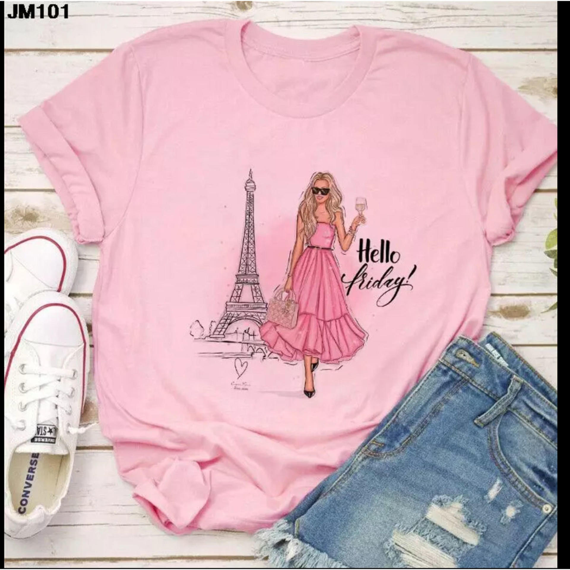 Pink &White Fashionable Tops Ladies Short Sleeve Casual Girls Print New T-Shirt For Women - T Shirt For Women