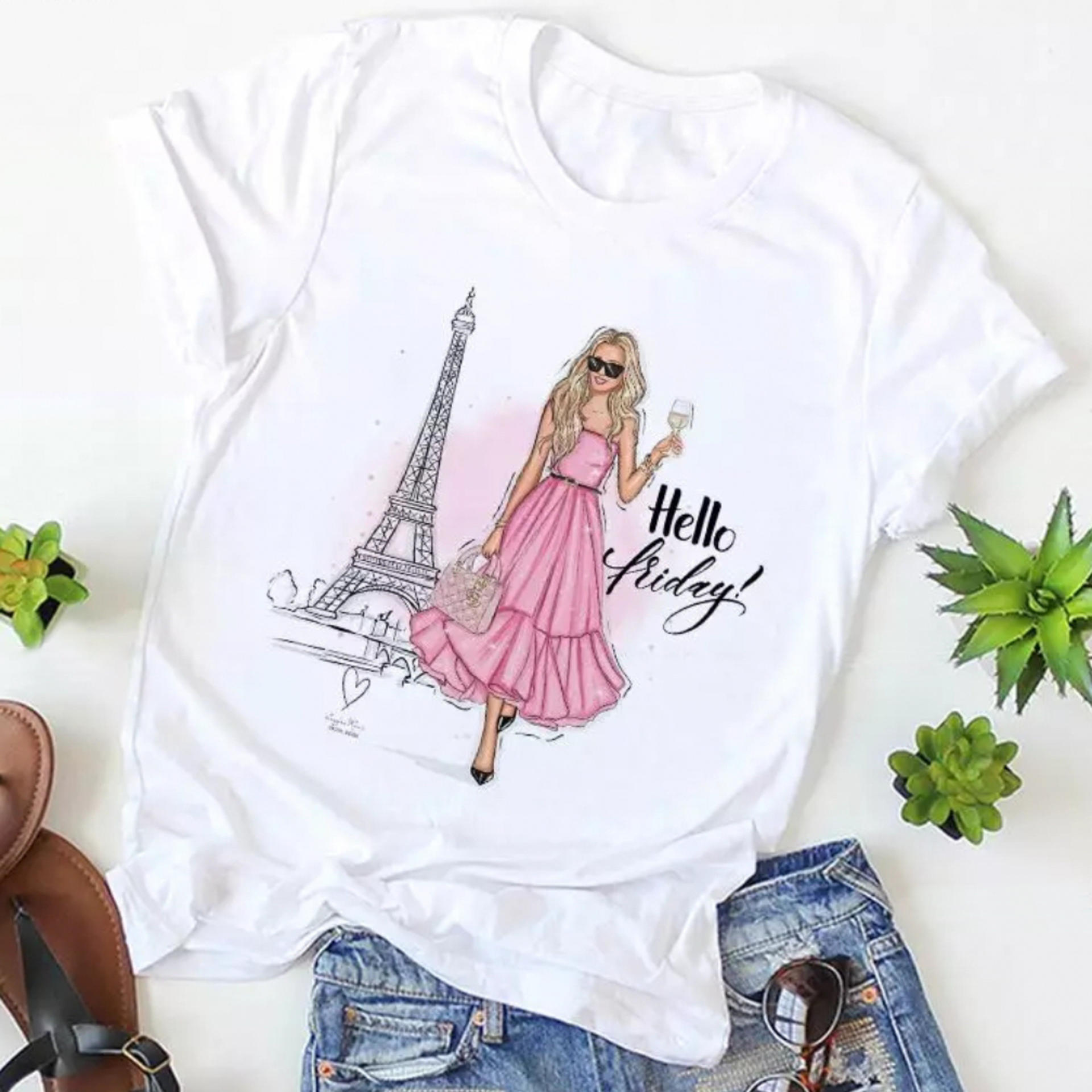 Pink &White Fashionable Tops Ladies Short Sleeve Casual Girls Print New T-Shirt For Women - T Shirt For Women view 2