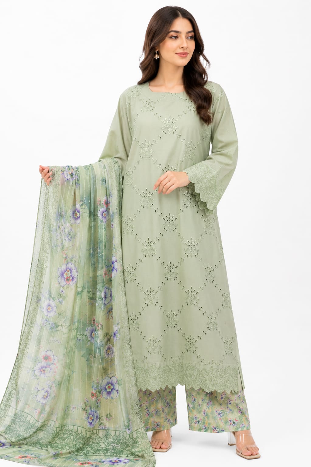 Mint Sage Swiss Lawn Embroidered 3 Piece Stitched Suit | AMARA Collection