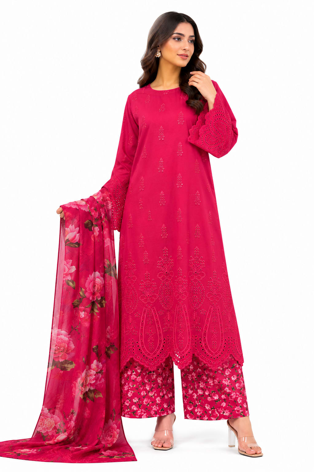 Fuchsia Pink 3 Piece Embroidered Lawn Suit | AMARA Collection Pakistan