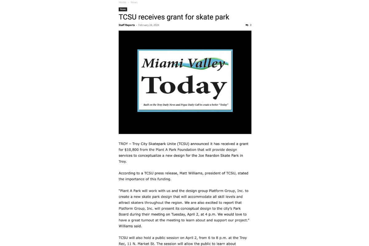 Troy Skatepark News