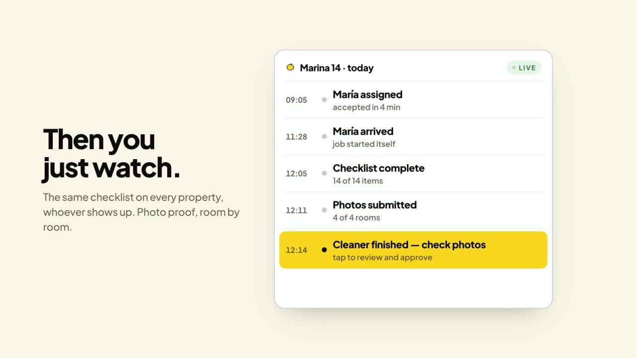 A one-minute narrated tour of Lemon.cy: a checkout arrives from the calendar, the cleaning job goes to a cleaner on WhatsApp, the cleaner accepts, uploads a photo per room, and the host approves.