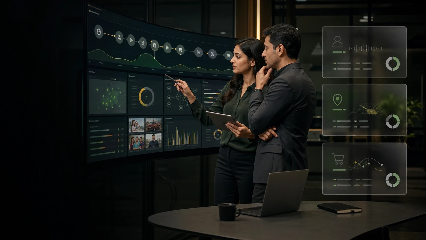Two Indian media operations specialists coordinating campaign, customer journey and commerce intelligence