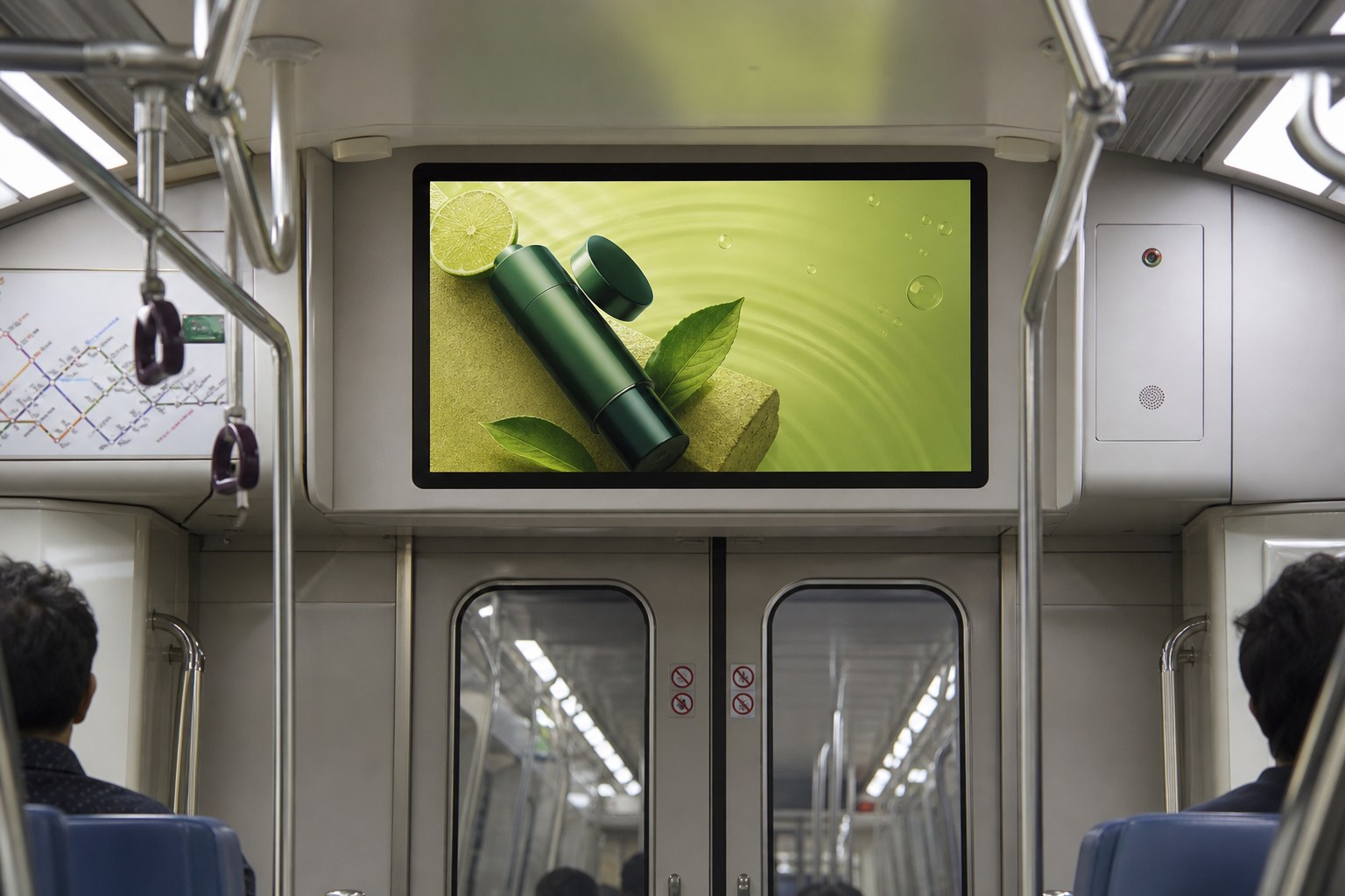 Digital video advertisement displayed above the doors inside a metro train