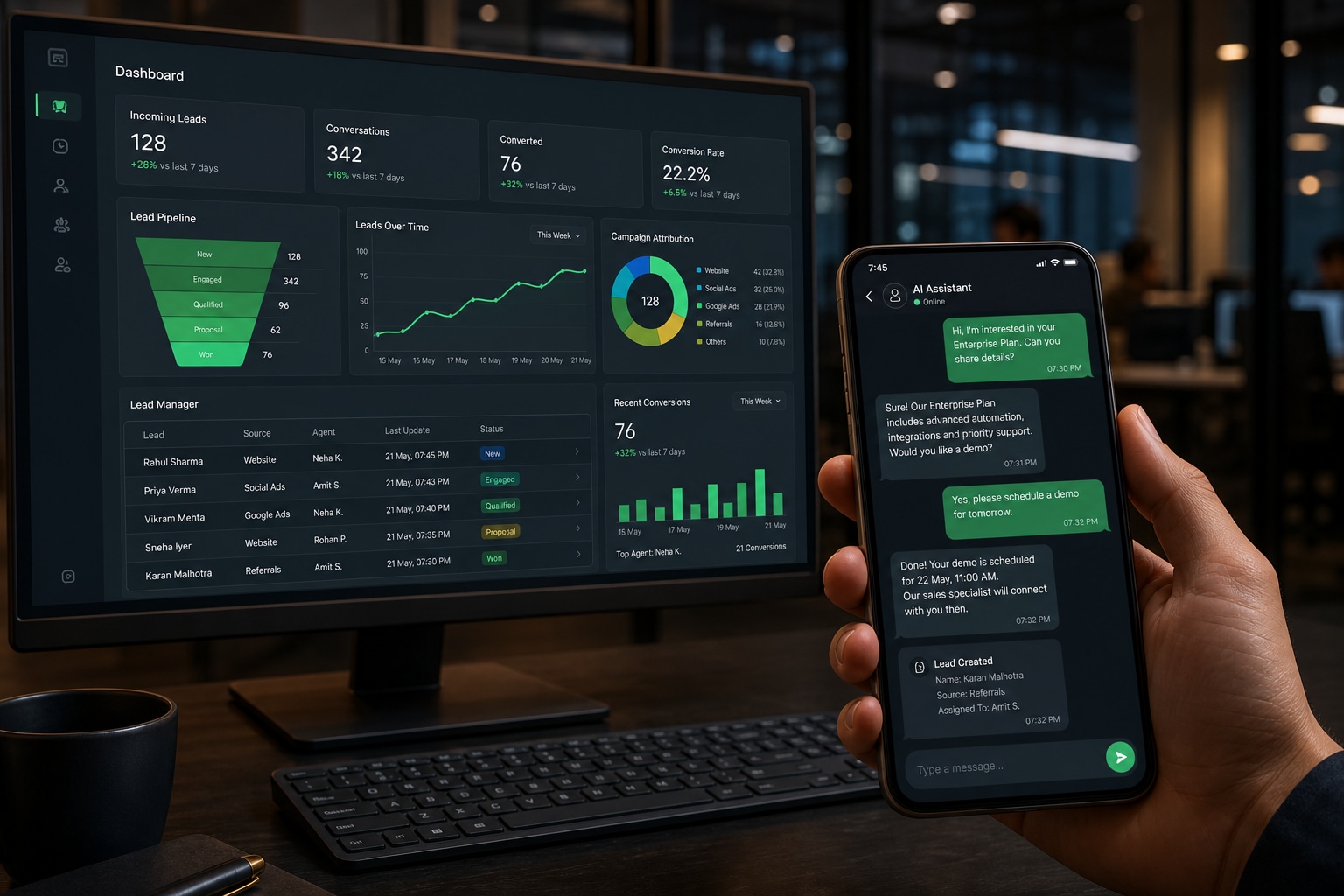 Enterprise AI conversation connected to a sales CRM and conversion dashboard