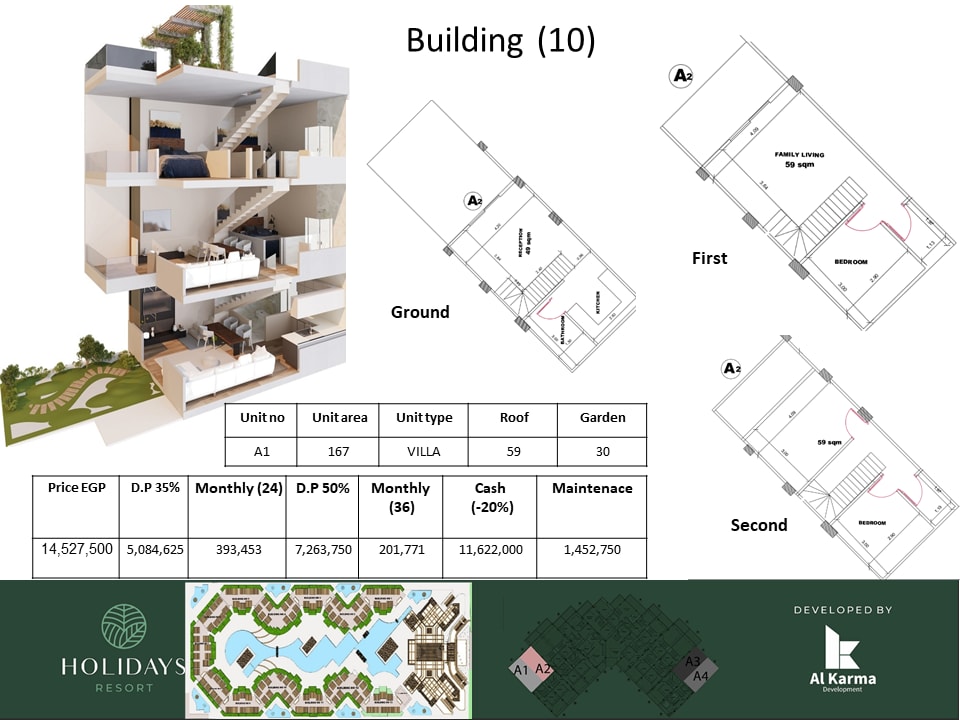 فيلا فندقية فاخرة (Triplex Villa) بمساحة 167 م² بحديقة خاصة 30 م² ورووف 59 م² في كمبوند هوليديز بارك طريق القرى – الغردقة - في القرى السياحية, البحر الأحمر - منصة بُحور العقارية