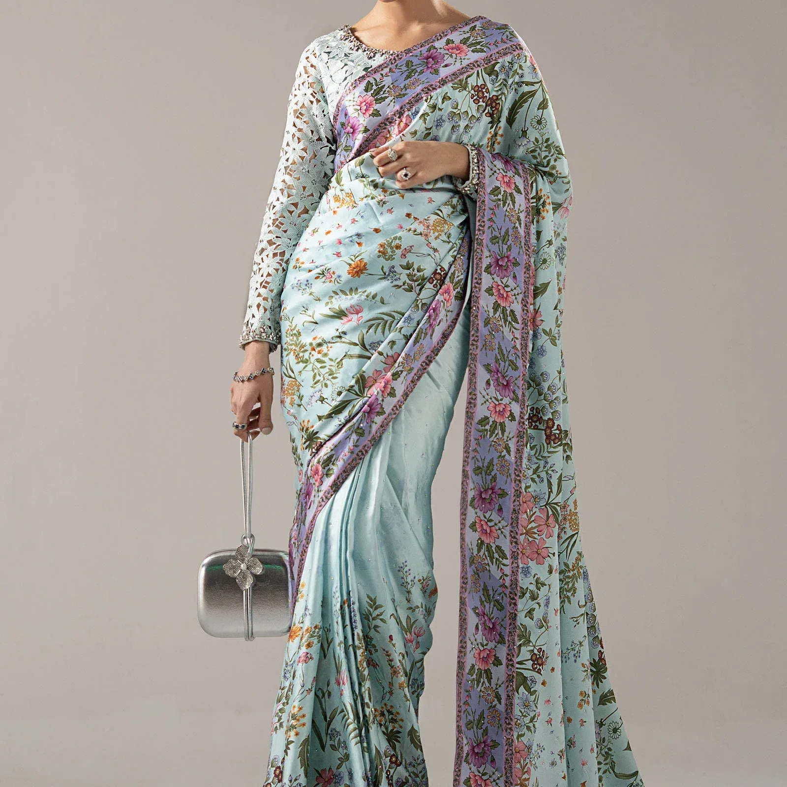 Maria B Original Charmeuse Floral Printed Saree (Without Blouse Piece)