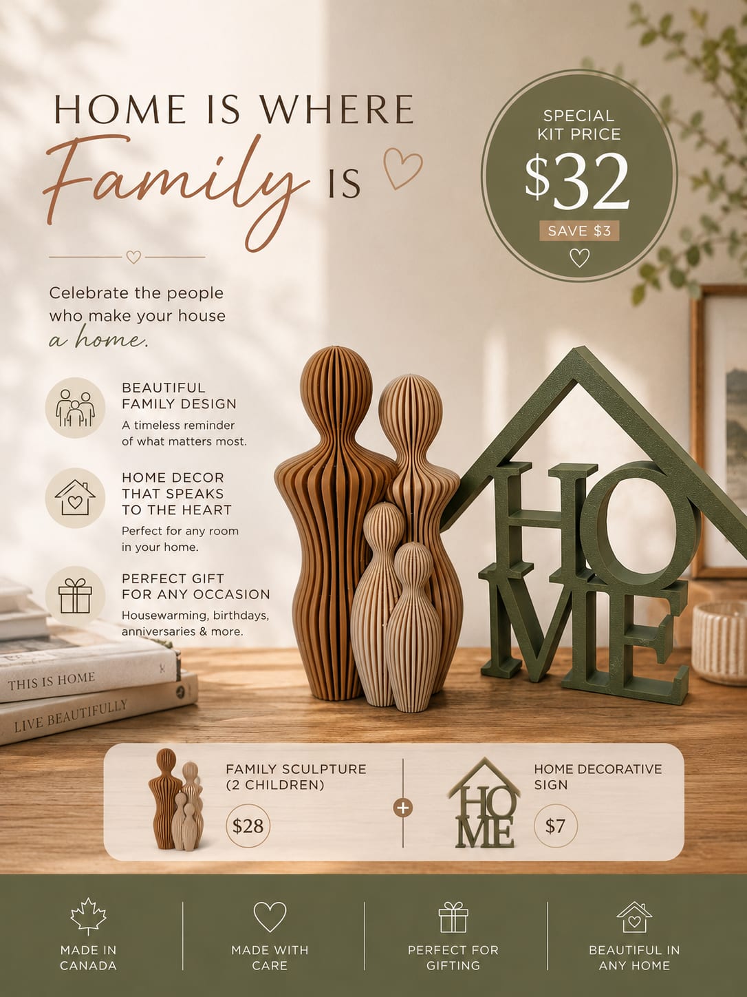 modern family sculpture with a decorative HOME sign