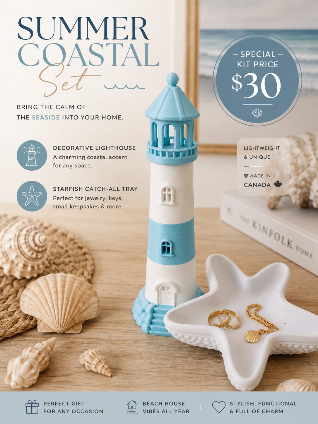 a decorative lighthouse and a starfish tray