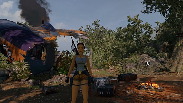 Lara dons a throwback PS1-era polygonal skin as she stands in front of plane wreckage