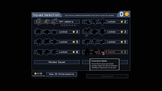 The squad selection and unlock screen in Into the Breach