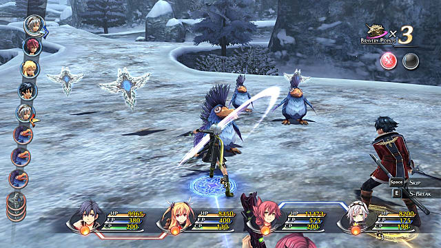 Characters battle enemies in a snowy landscape