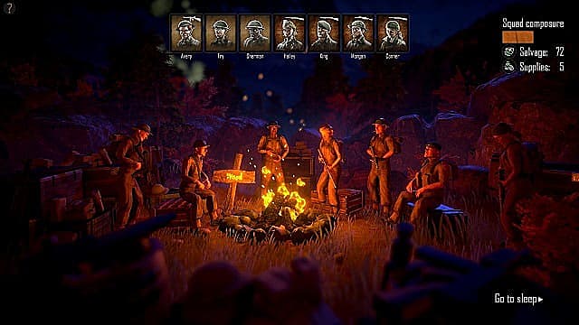 A party of soldiers gathers around a campfire at the end of a turn.