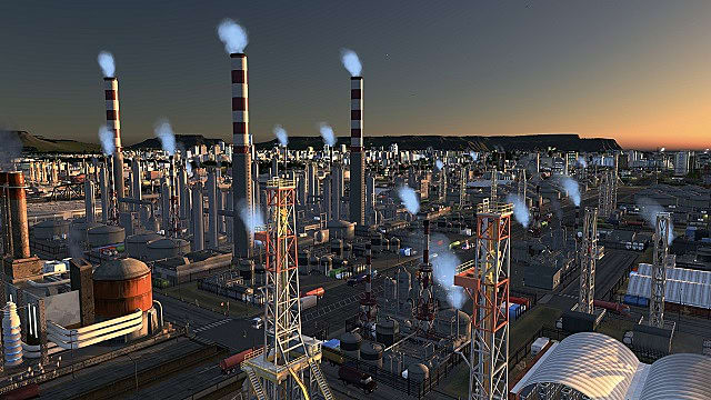 A vast expanse of oil fields with red and white conning towers emitting steam, reaches toward the city downtown