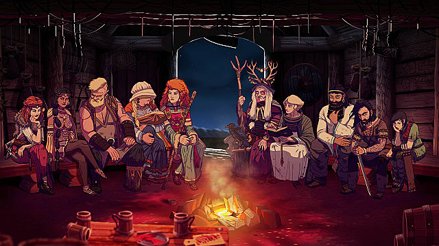 Characters huddle around the fire in a viking hut