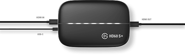 The Elgato HD60S+ with HDMI cables and USB 3.0 cable attached