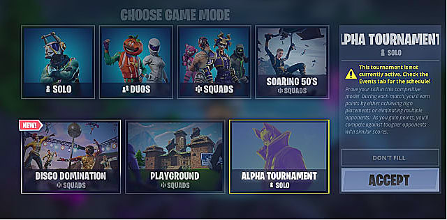 the choose your game mode screen showing various fortnite events and modes - fortnite free tournaments