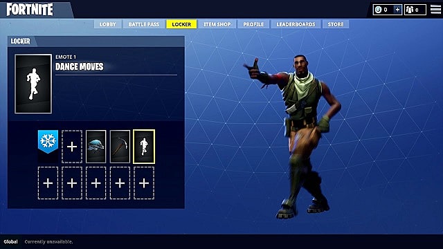 a player in the fortnite menu shows off a dance emote - skeleton fortnite dance