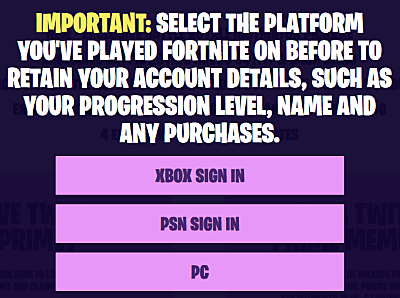 choose your fortnite account platform - twitch prime sign up fortnite