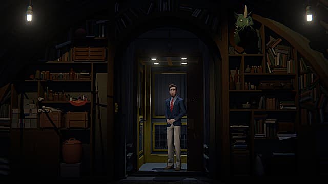 John in khaki pants, blue blazer, and red tie standing in a lit elevator outside a dim room.