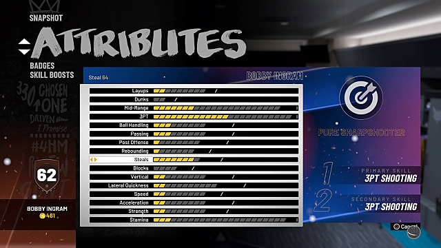 A player attributes panel in NBA 2K19