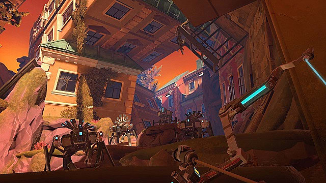 Player pulls back shock arrow as they face robots on a cliff in Apex Construct