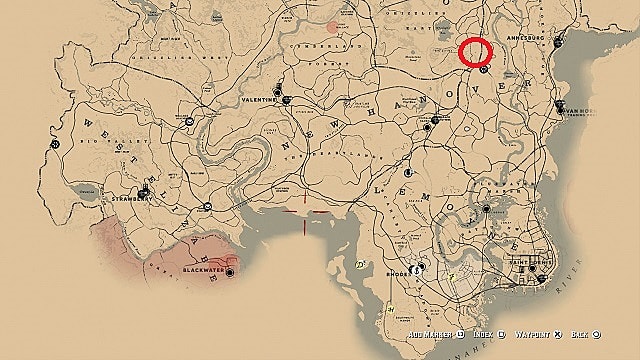 Red Dead Online map showing cabin east of Tall Trees
