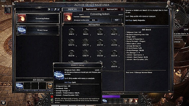 The active skills modifier menu in Wolcen: Lords of Mayhem.