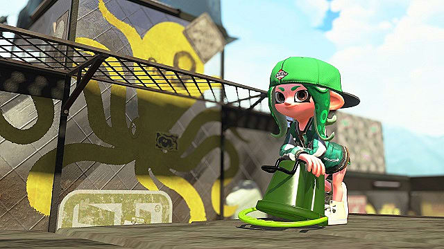 A Splatoon character poses with the Slosher.