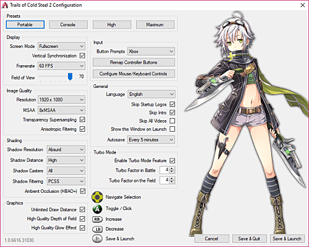 Trails of Cold Steel 2 configuration screen