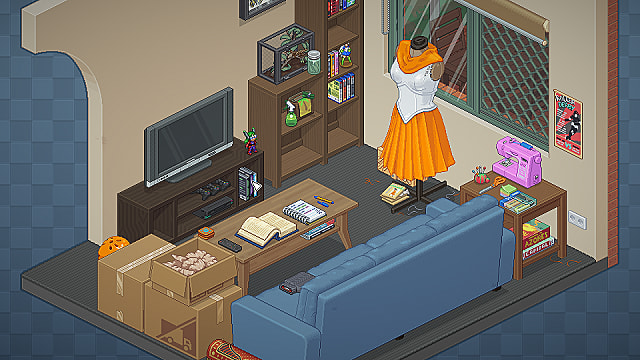 A living room with moving boxes, a tv, and a yellow dress.