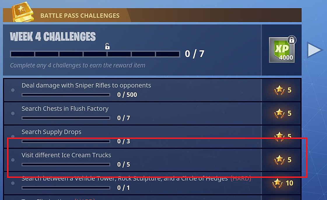 battle pass challenges screen with ice cream trucks challenge highlighted - ice cream man fortnite skin