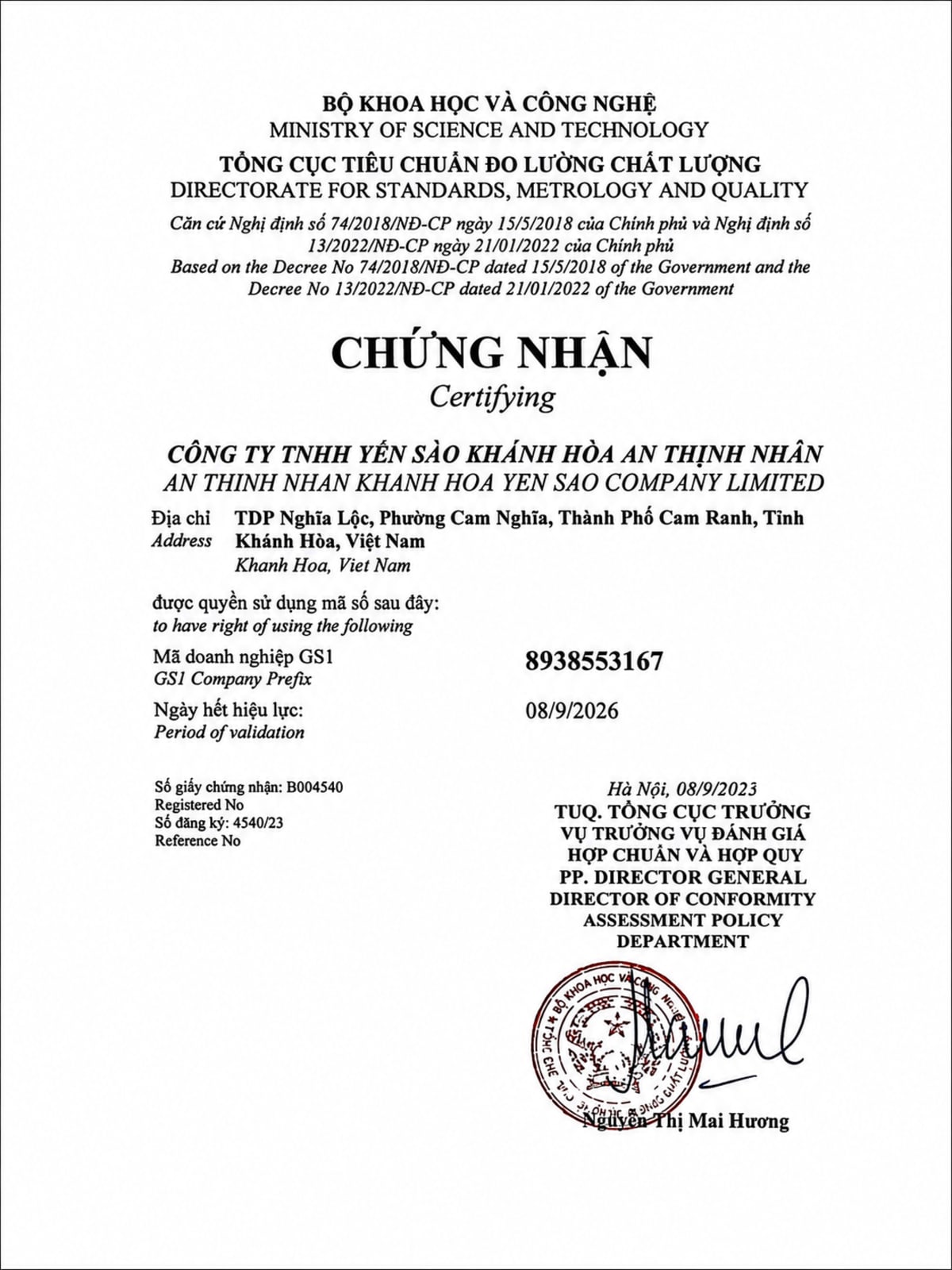 Chứng nhận Bộ Khoa học và Công nghệ