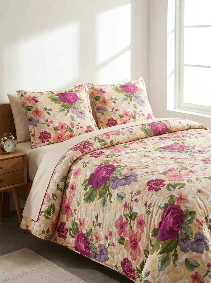 Luxury 3-Piece Magenta Floral Quilted Bedspread Set
