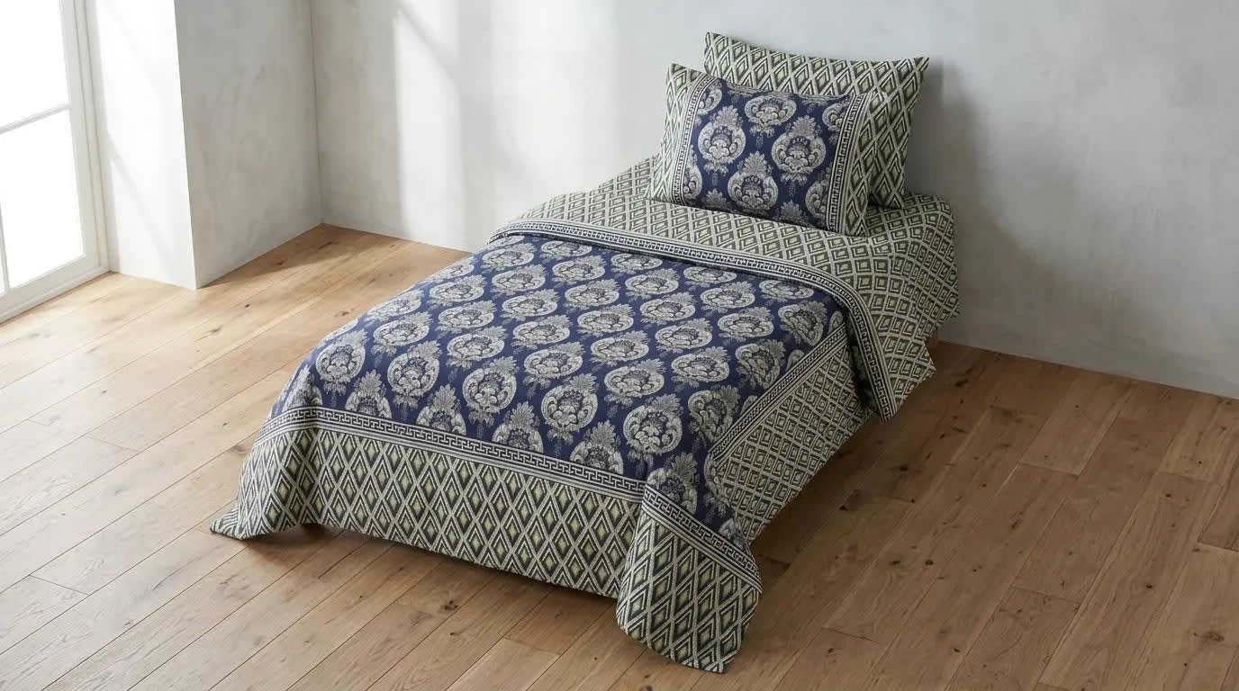 Navy Blue Damask-Bedsheet Pair - Baytak Noor