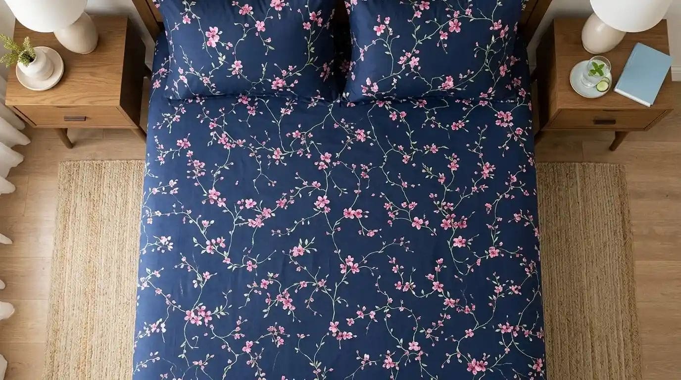 A top-down view of a bed dressed in a navy blue bedding set with a pink cherry blossom floral pattern, flanked by two wooden bedside tables with lamps and small decor items.