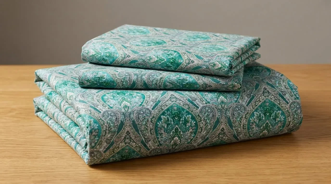 A stack of folded patterned fabric pieces, likely bedding or textiles, in teal and white with an ornate paisley-style design, displayed on a wooden surface against a neutral gray background.