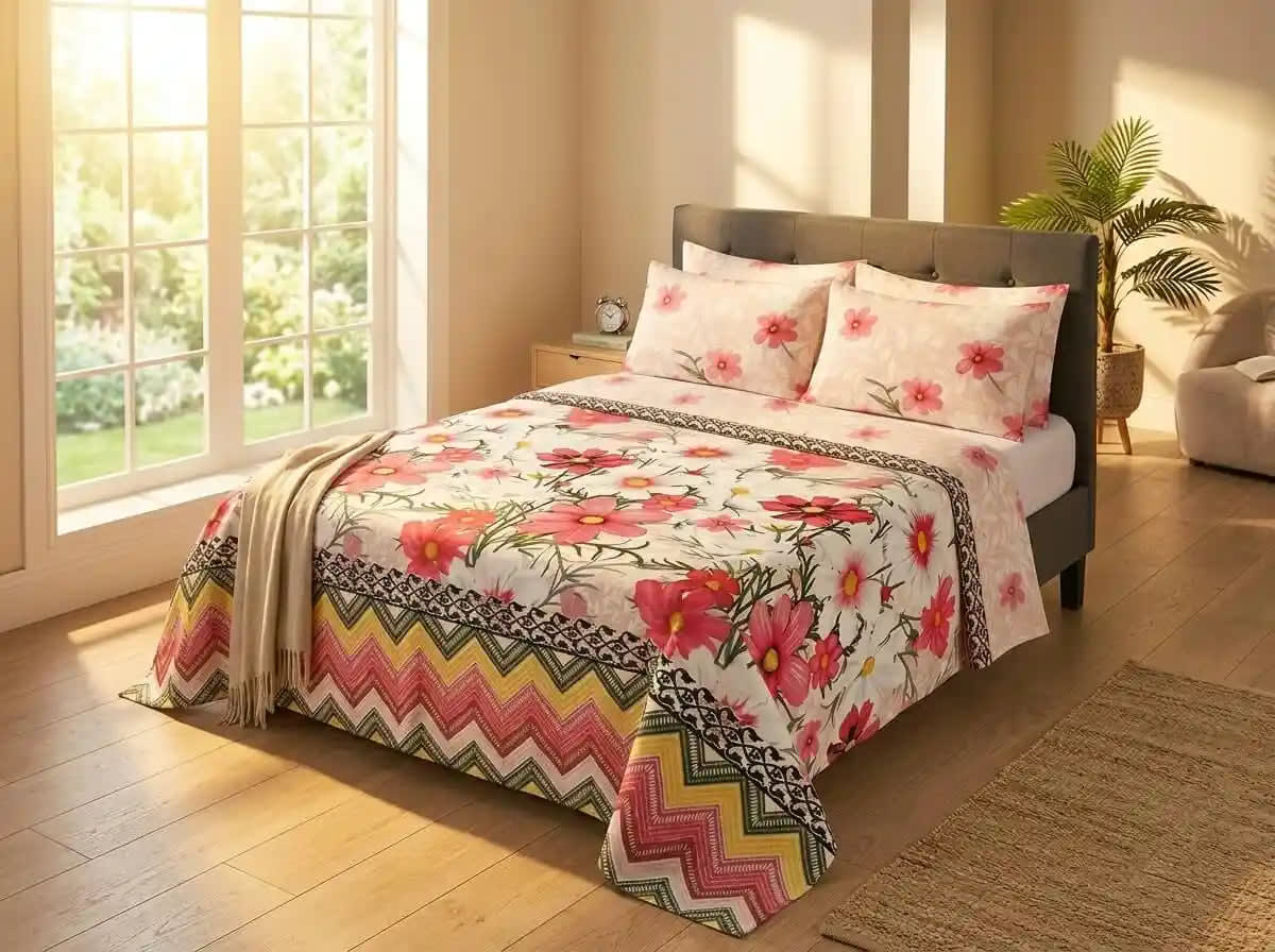 A bed dressed in a floral and chevron-patterned bedding set, styled in a bright bedroom with large windows, wooden floors, and a potted plant.