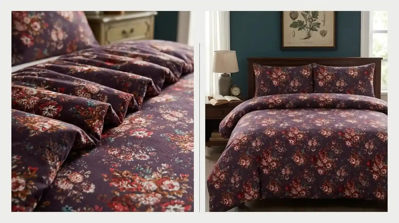 Floral patterned bedding set on a bed with a side table and lamp in the background.