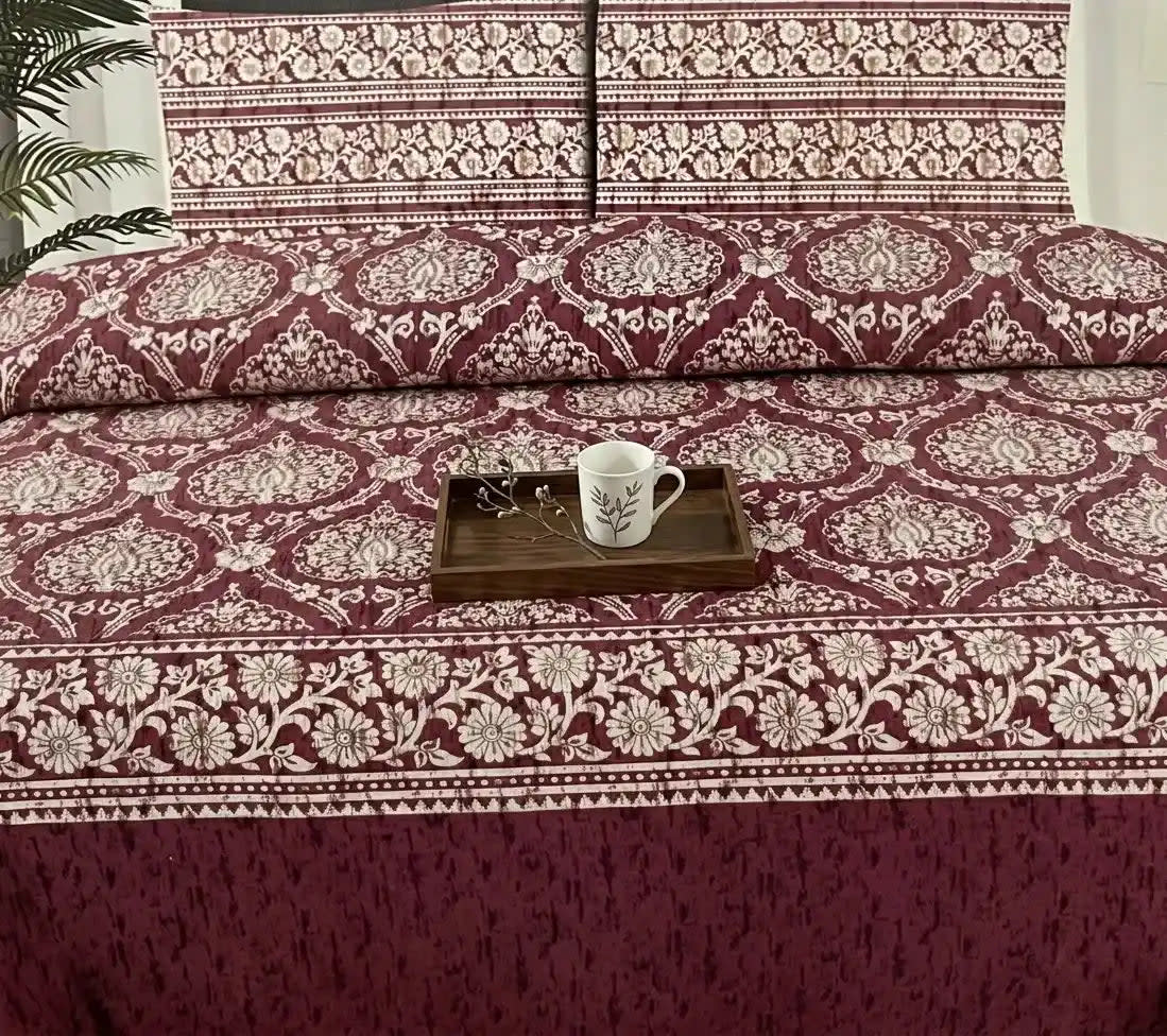 Maroon and White Floral Bedsheet