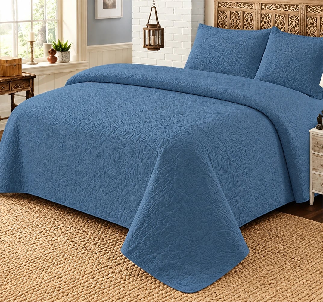 Blue Embossed 3 piece Bed spread set1 (1)