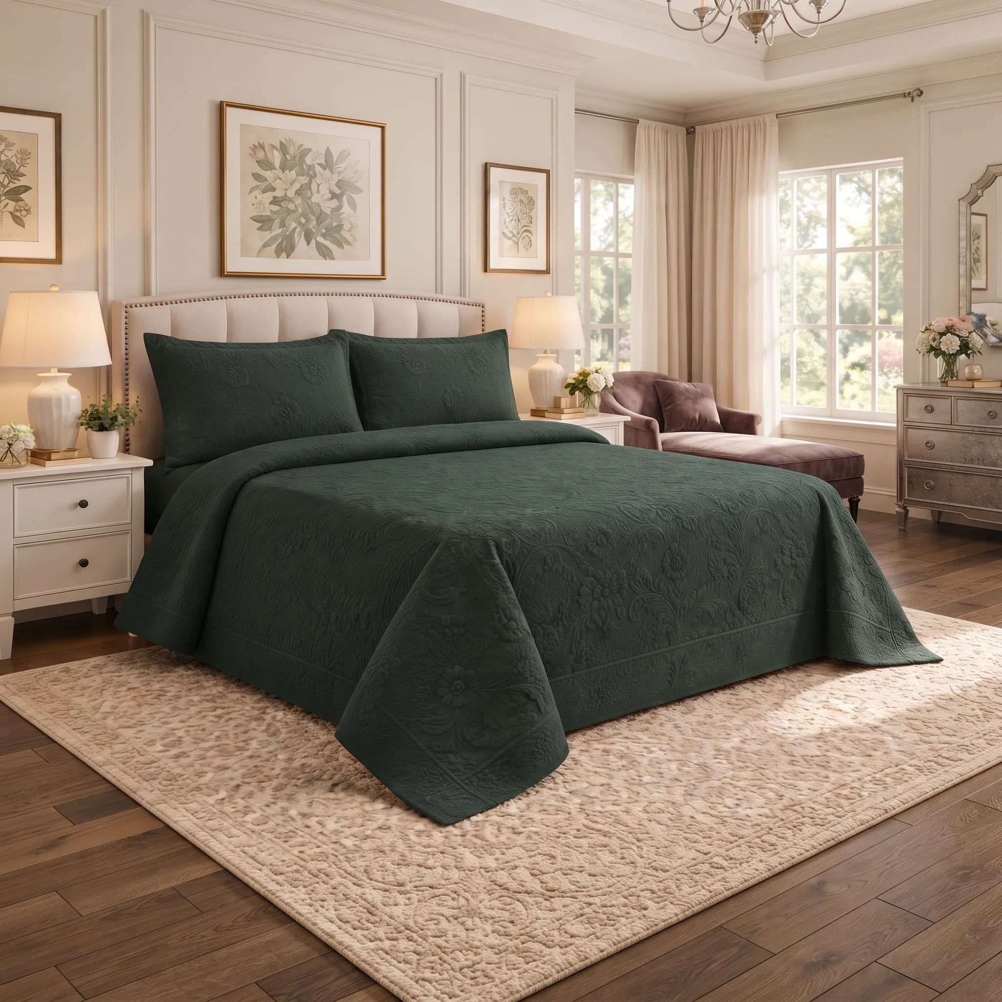 3 Piece Forest Green Bed Spread Set 