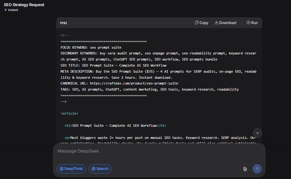 On-page SEO prompt output showing title tag, meta description, and header optimization