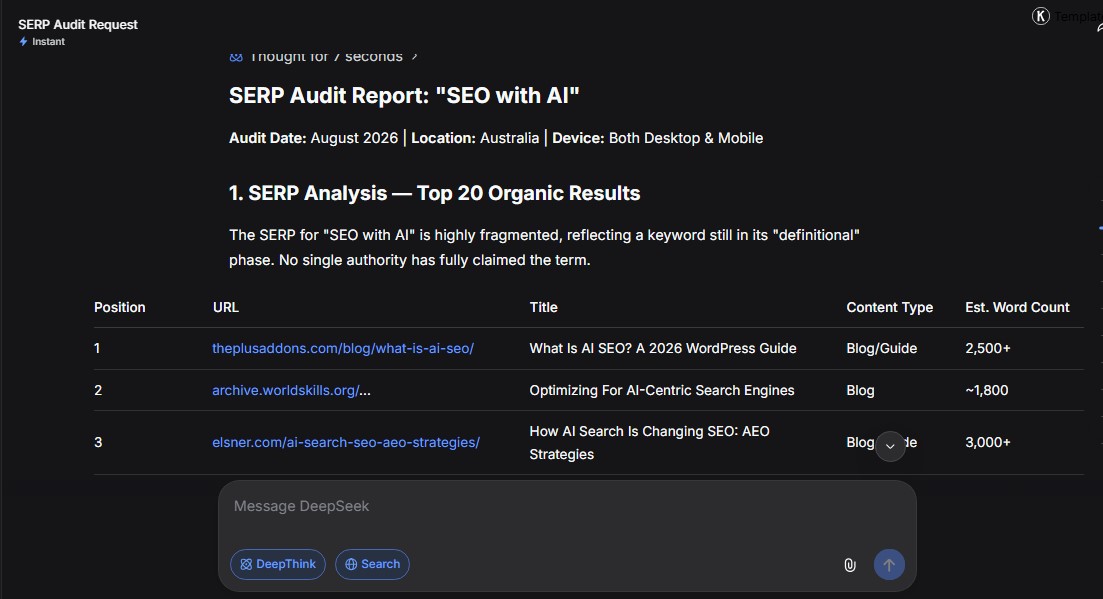SERP audit prompt output showing top 20 results and featured snippet analysis