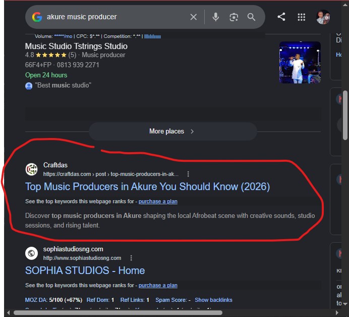 Screenshot showing Craftdas ranking #1 for 'akure music producer' on Google