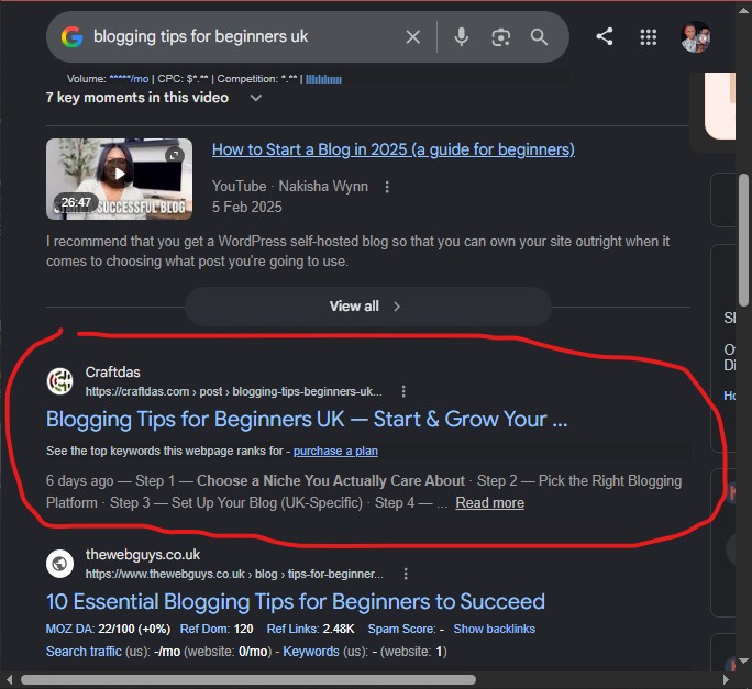 Screenshot showing Craftdas ranking #1 for 'blogging tips for beginners UK' on Google