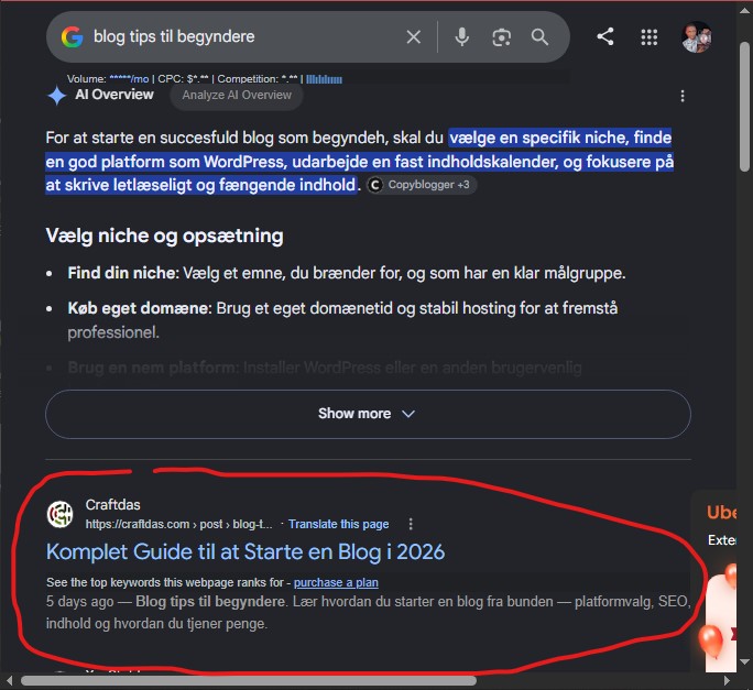 Screenshot showing Craftdas ranking #1 for 'blog tips til begyndere' on Google Denmark
