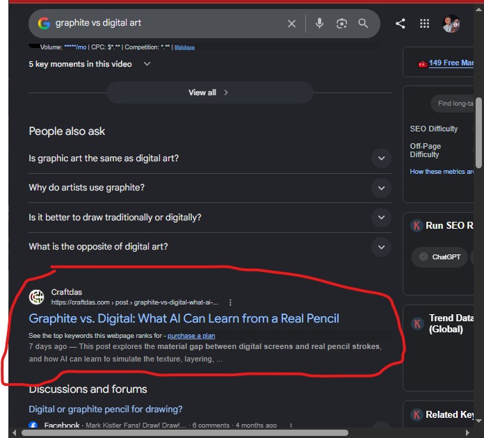 Screenshot showing Craftdas ranking #1 for 'graphite vs digital' on Google