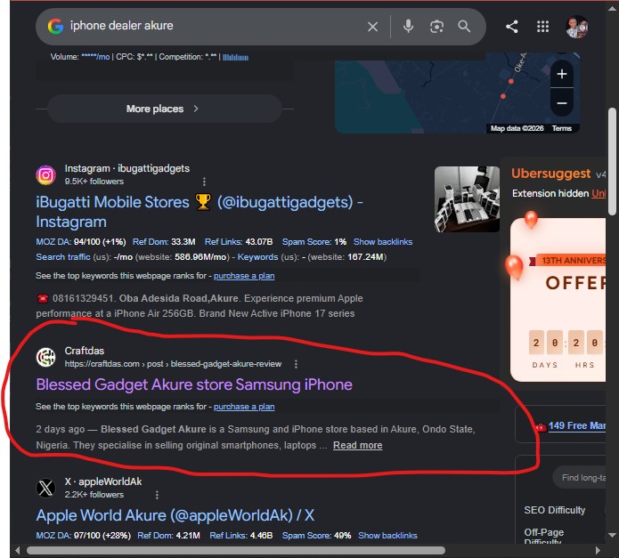 Screenshot showing Craftdas ranking #2 for 'iphone dealer akure' on Google